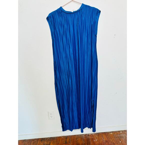ATLEIN X RTR Navy Blue Plisse Tie Neck Sleeveless Side Slit Midi Dress Size M - Picture 3 of 16